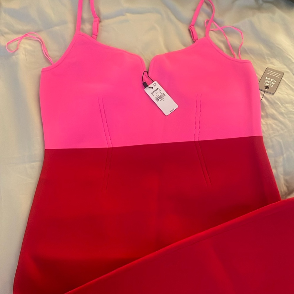 Red and Pink Color Block Midi Bodycon Dress
